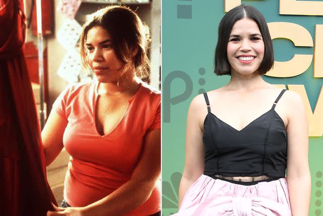 <p>HBO;Getty</p> America Ferrera in "Real Women Have Curves" in 2002 side by side the actress in 2024.