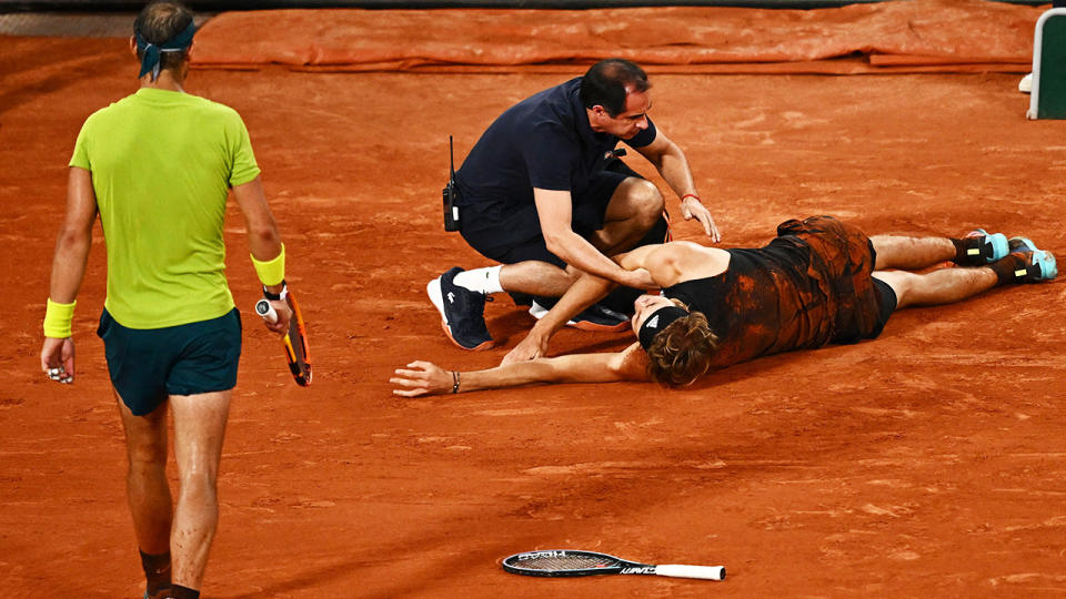 Alexander Zverev, pictured here forced to retire hurt against Rafa Nadal at the French Open.