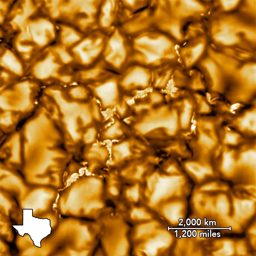 This image shows a pattern of turbulent, “boiling” gas that covers the entire sun.