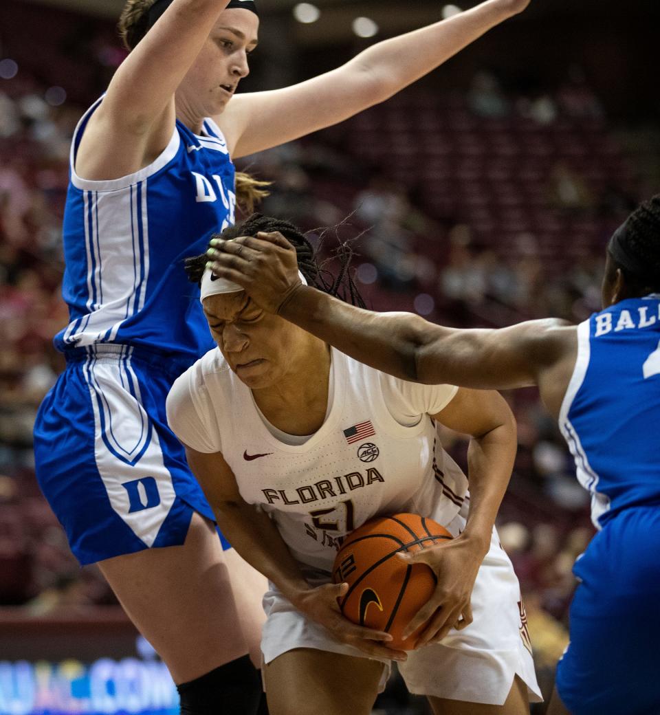 Seminoles sophomore Makayla Timpson is fouled as FSU women's basketball faces Duke at the Donald L. Tucker Civic Center in Tallahassee, Fla. on Sunday, Jan. 29, 2023.