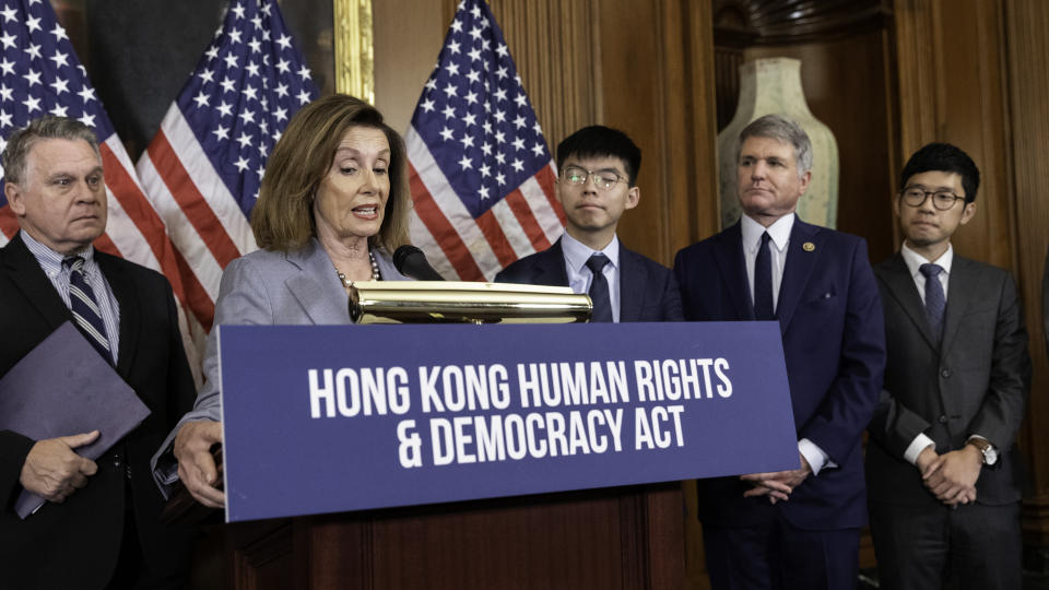 US House Speaker Nancy Pelosi says Congress looks forward to advancing the legislation on Hong Kong Human Rights and Democracy Act, during a press conference with Joshua Wong, secretary-general of Hong Kong's pro-democracy Demosisto party and leader of the "Umbrella Movement," and members of the Congress in Washington D.C. September 18, 2019. (Photo by Aurora Samperio/NurPhoto via Getty Images)