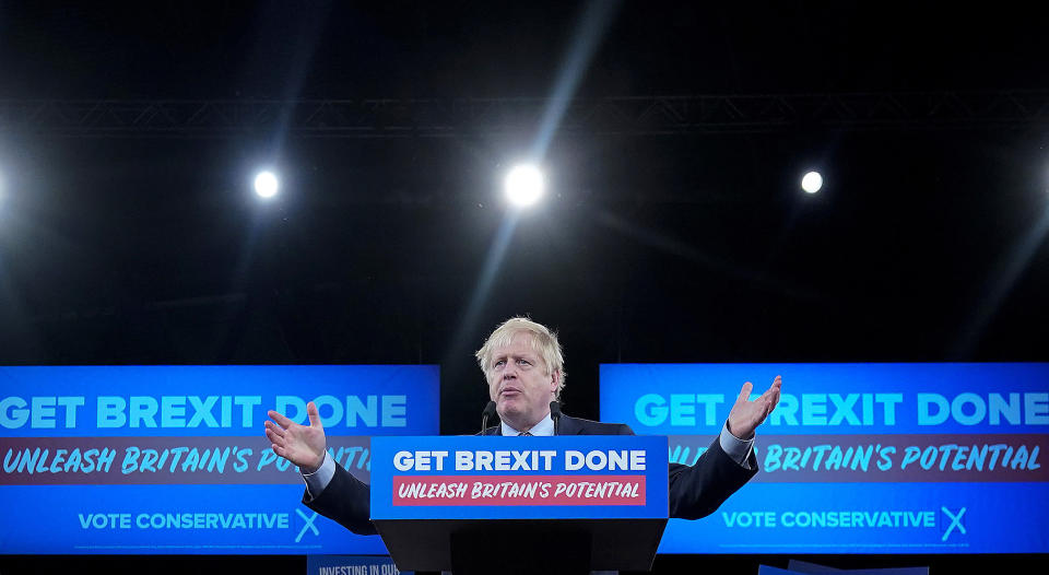 BIRMINGHAM, ENGLAND - NOVEMBER 06: Prime Minister Boris Johnson talks onstage at the launch of the Conservative Party's General Election campaign at the National Exhibition Centre on November 6, 2019 in Birmingham, United Kingdom. Boris Johnson visited HM The Queen earlier today to officially dissolve Parliament before heading to the West Midlands to launch the Conservative Party general election campaign. The British people will go to the polls on December 12th for the first winter election in nearly a century. (Photo by Christopher Furlong/Getty Images)