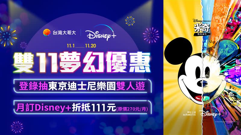 台灣大哥大Disney+雙11夢幻優惠，登錄抽東京迪士尼樂園雙人遊 。（圖／台灣大提供）