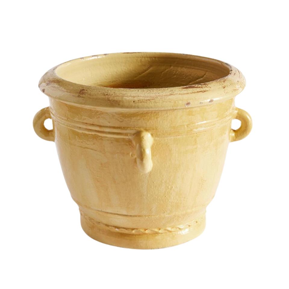 Yellow round planter with handles