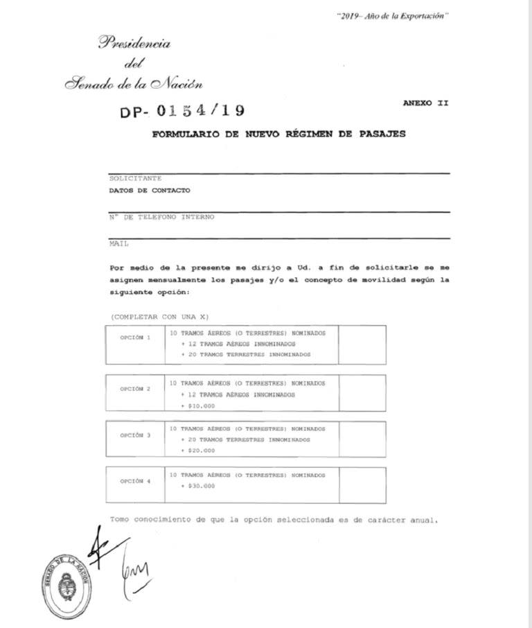 Formulario de nuevo régimen de pasajes del Senado.