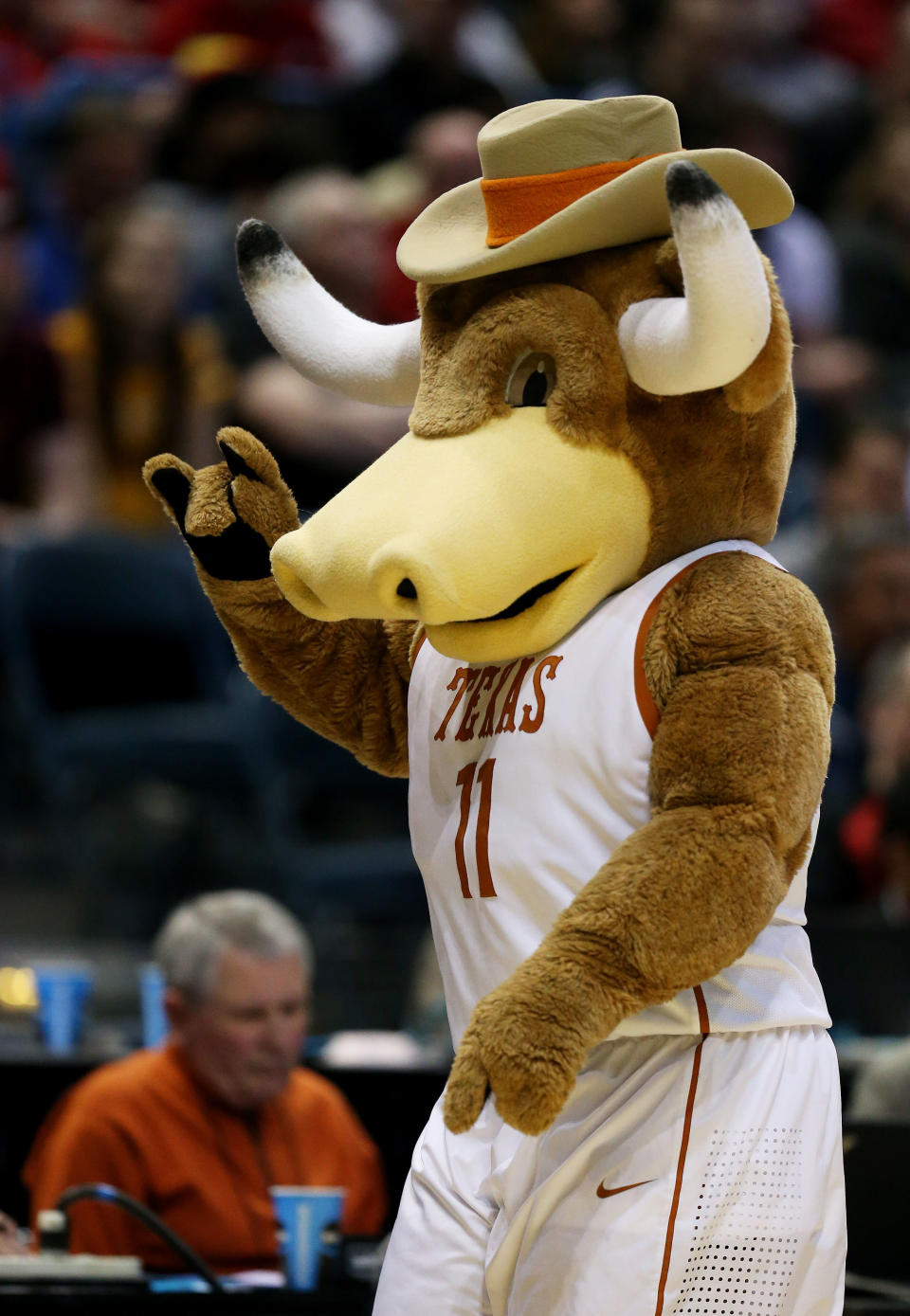 MILWAUKEE, WI - MARCH 20:  Texas Longhorns mascot Bevo looks on in the second half against the Arizona State Sun Devils during the second round of the 2014 NCAA Men's Basketball Tournament at BMO Harris Bradley Center on March 20, 2014 in Milwaukee, Wisconsin.  (Photo by Jonathan Daniel/Getty Images)