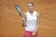 Czech Republic's Karolina Pliskova reacts during her final match against Poland's Iga Swiatek, at the Italian Open tennis tournament, in Rome, Sunday, May 16, 2021. (AP Photo/Gregorio Borgia)