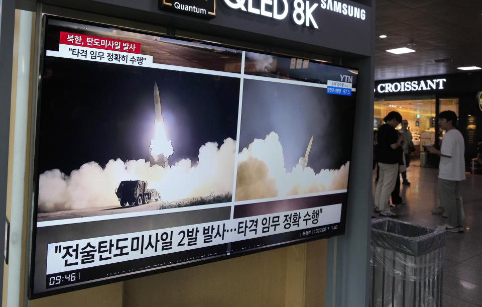 A TV screen shows images of North Korea's missile launch during a news program at the Seoul Railway Station in Seoul, South Korea, Thursday, Aug. 31, 2023. North Korea launched two short-range ballistic missiles toward the sea on Wednesday night, its neighbors said, hours after the U.S. flew long-range bombers for drills with its allies in a show of force against the North. (AP Photo/Ahn Young-joon)