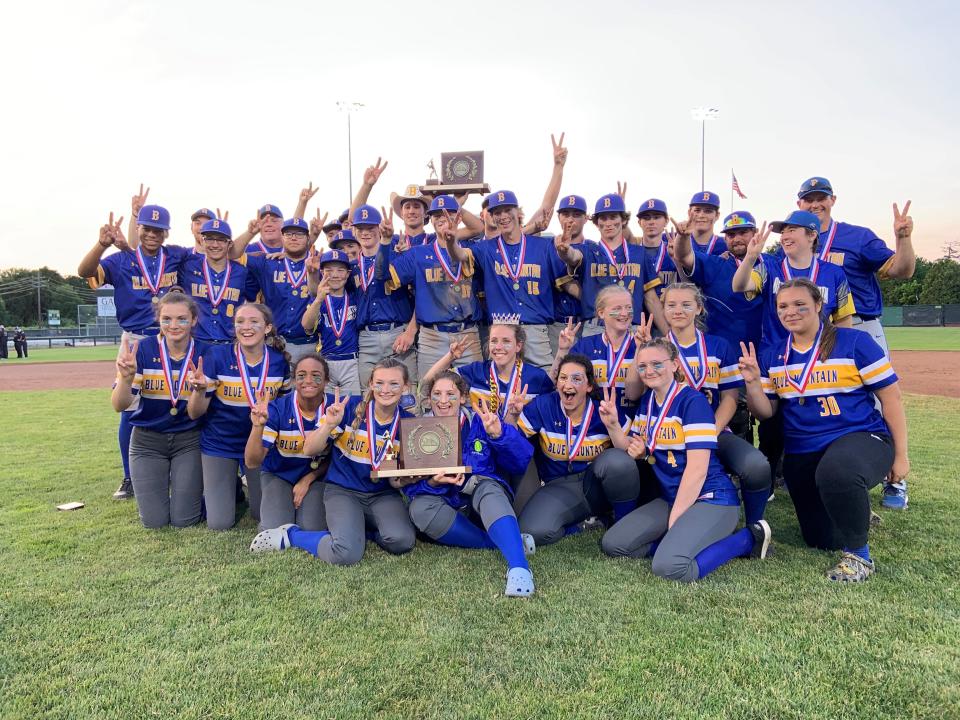 Blue Mountain baseball and softball celebrate sweeping the Division IV titles after the baseball team dispatched Arlington 9-0 on June 10, 2023 at Centennial Field.