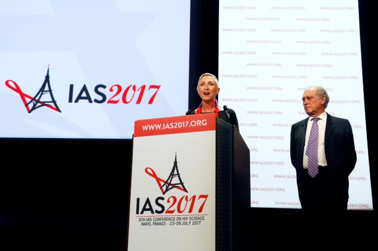 International AIDS Society president Linda-Gail Bekker (L) and President of the French National Ethics Advisory Committee and conference chairman Jean-Francois Delfraissy address the opening of the 9th International AIDS Society conference on HIV