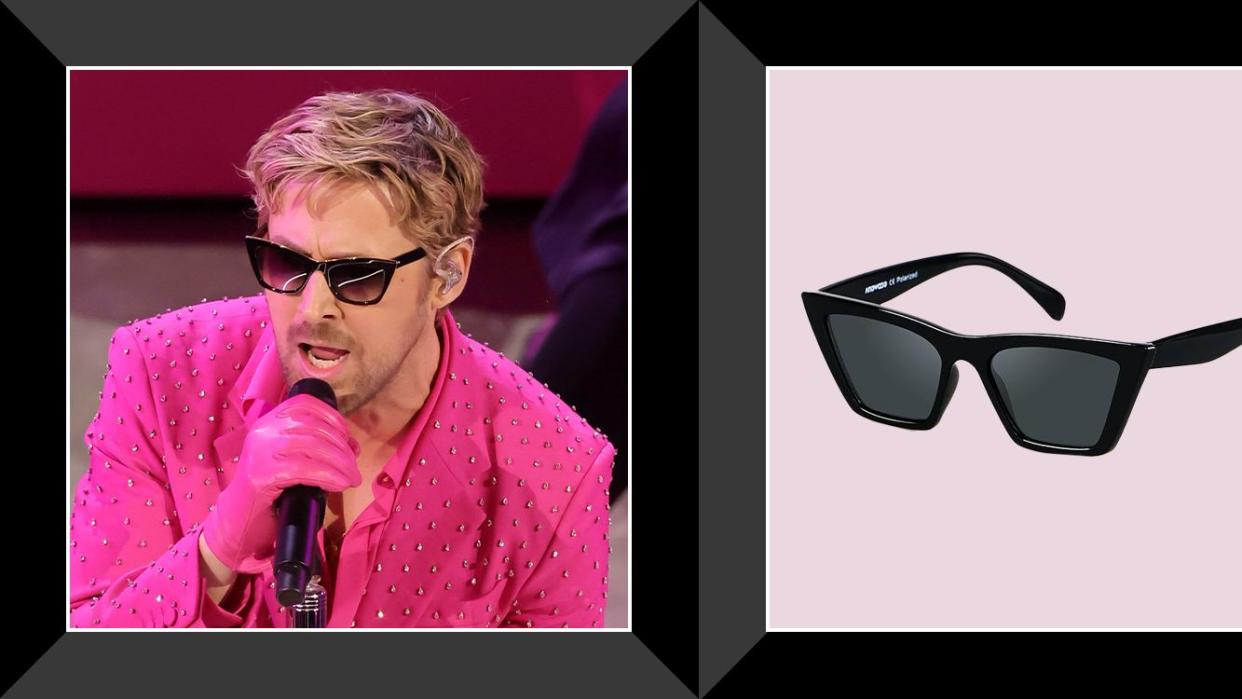 ryan gosling performing at the grammys with cat eye sunglasses