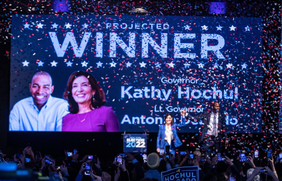 New York State Kathy Hochul and Lt. Governor wave to supporters after winning their election bids Nov. 8, 2022. Hochul and supporters were gathering at Capitale in Lower Manhattan.