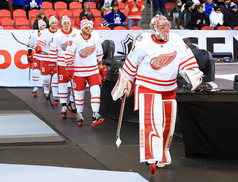 <p>TORONTO, ON – JANUARY 1: Jared Coreau #31 of the Detroit Red Wings walks to the ice during the 2017 Scotiabank NHL Centennial Classic at Exhibition Stadium on January 1, 2017 in Toronto, Ontario, Canada. (Photo by Dave Reginek/NHLI via Getty Images) </p>