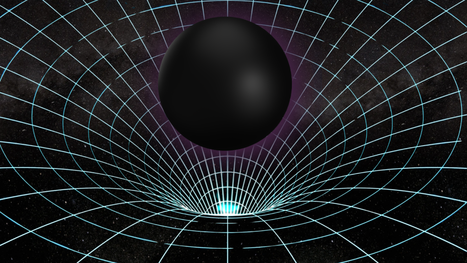 A black sphere surrounded by a distorted green grid