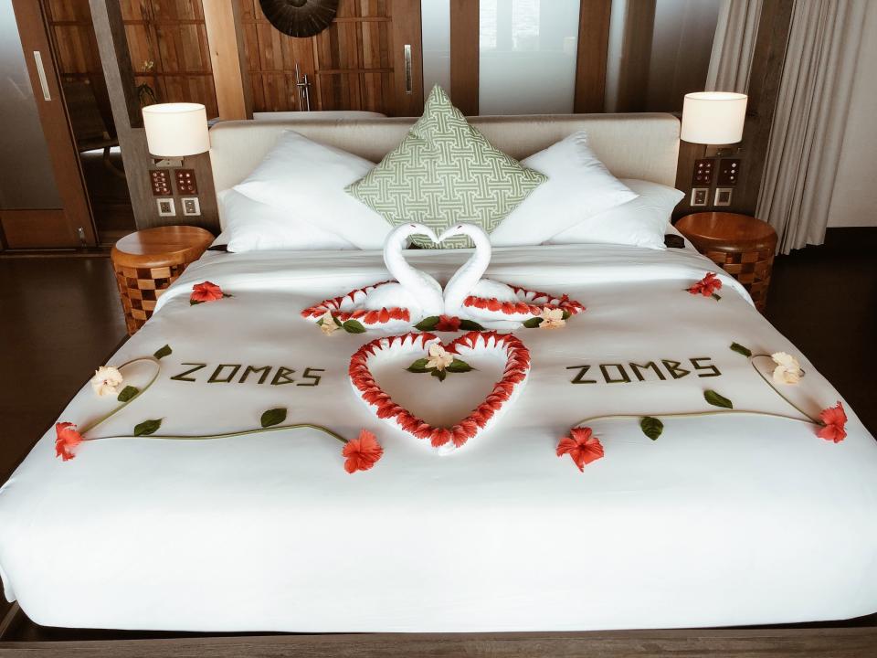 Upon arrival at Kudadoo Maldives. ZOMBS ￼️ ZOMBS written in flowers on our bed.