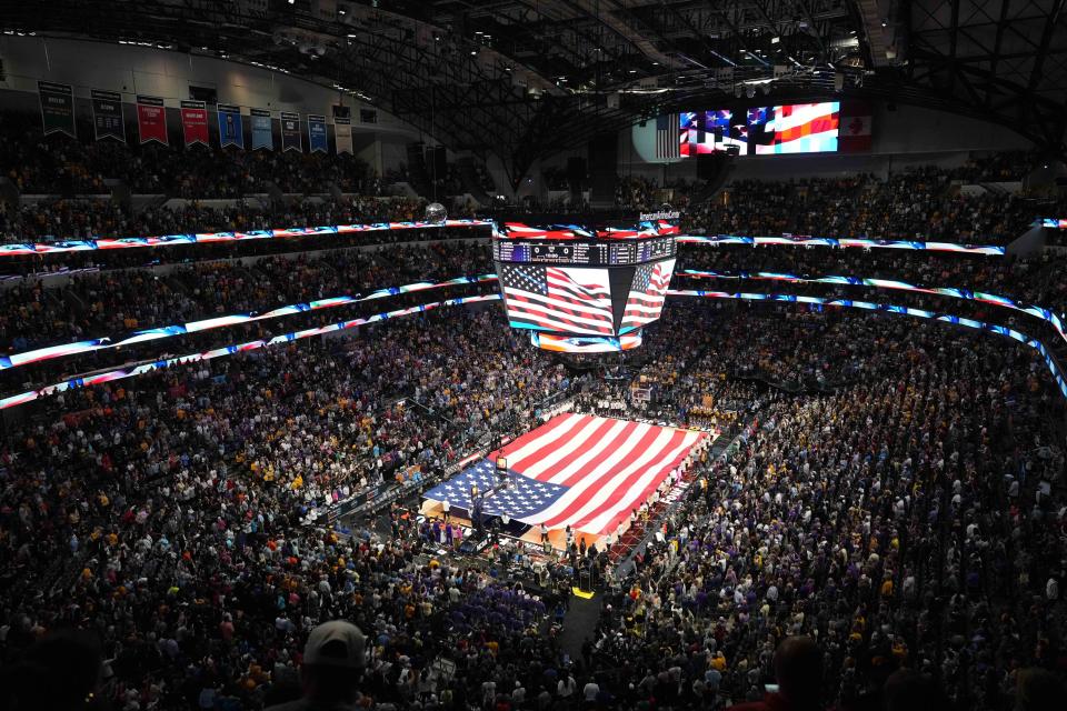 April 2, 2023;  Dallas, TX, USA;  A general overall view of a U.S. flag on the court during the playing of the national anthem before the NCAA Womens Basketball Final Four National Championship between the LSU Lady Tigers and the Iowa Hawkeyes at the American Airlines Center.  Mandatory Credit: Kirby Lee-USA TODAY Sports