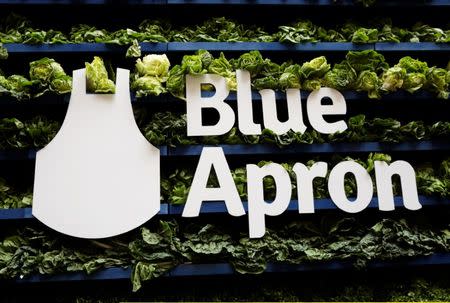 FILE PHOTO: The Blue Apron logo is pictured ahead of the company's IPO on the New York Stock Exchange in New York, U.S., June 29, 2017. REUTERS/Lucas Jackson/File Photo