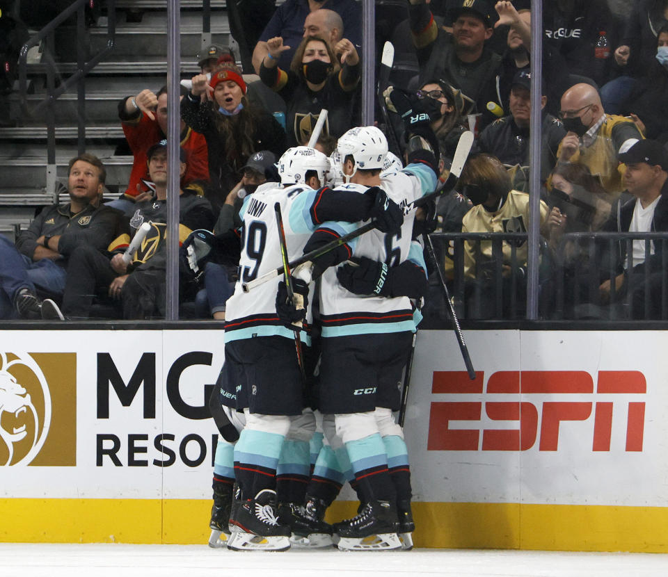 LAS VEGAS, NEVADA - OCTOBER 12:  Vegas Golden Knights fans boo as the Seattle Kraken celebrate a goal by Ryan Donato #9 at 11:32 of the second period against the Golden Knights for the team's first-ever score during the Kraken's inaugural regular-season game at T-Mobile Arena on October 12, 2021 in Las Vegas, Nevada. The Golden Knights defeated the Kraken 4-3.  (Photo by Ethan Miller/Getty Images)