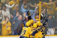 May 22, 2017; Nashville, TN, USA; Nashville Predators center Colton Sissons (back right) reacts with teammates after scoring his hat-trick goal on a shot against the Anaheim Ducks in the third period in game six of the Western Conference Final of the 2017 Stanley Cup Playoffs at Bridgestone Arena. Mandatory Credit: Aaron Doster-USA TODAY Sports