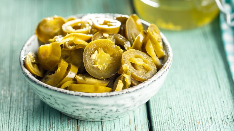 bowl of pickled jalapeño slices