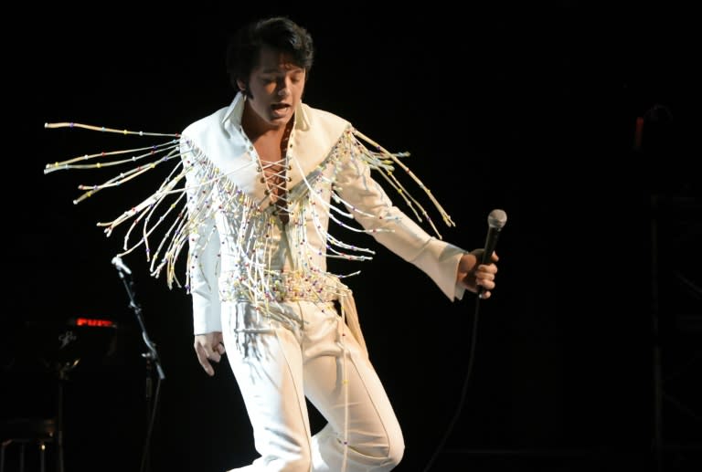 Elvis tribute artist Matthew Boyce performs during the preliminary round of the "Images of the King" contest at the New Daisy Theatre in Memphis, Tennessee