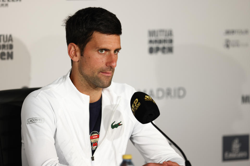 Novak Djokovic (pictured) speaks at a press conference during the Mutua Madrid Open 2022.