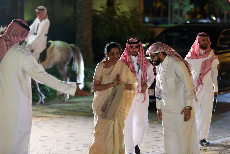 India's Finance Minister Nirmala Sitharaman arrives for a welcome dinner at Saudi Arabia Murabba Palace, during the G20 meeting of finance ministers and central bank governors in Riyadh