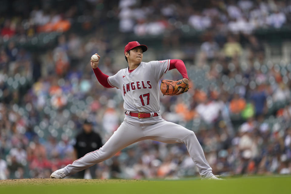 Los Angeles Angels pitcher Shohei Ohtani throws against the Detroit Tigers in the fourth inning of a baseball game in Detroit, Sunday, Aug. 21, 2022. (AP Photo/Paul Sancya)