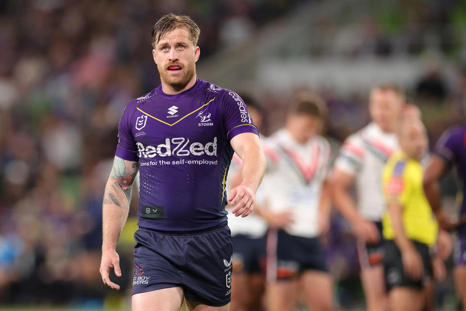 MELBOURNE, AUSTRALIA - SEPTEMBER 15: Cameron Munster of the Storm looks on during the NRL Semi Final match between Melbourne Storm and the Sydney Roosters at AAMI Park on September 15, 2023 in Melbourne, Australia. (Photo by Kelly Defina/Getty Images)