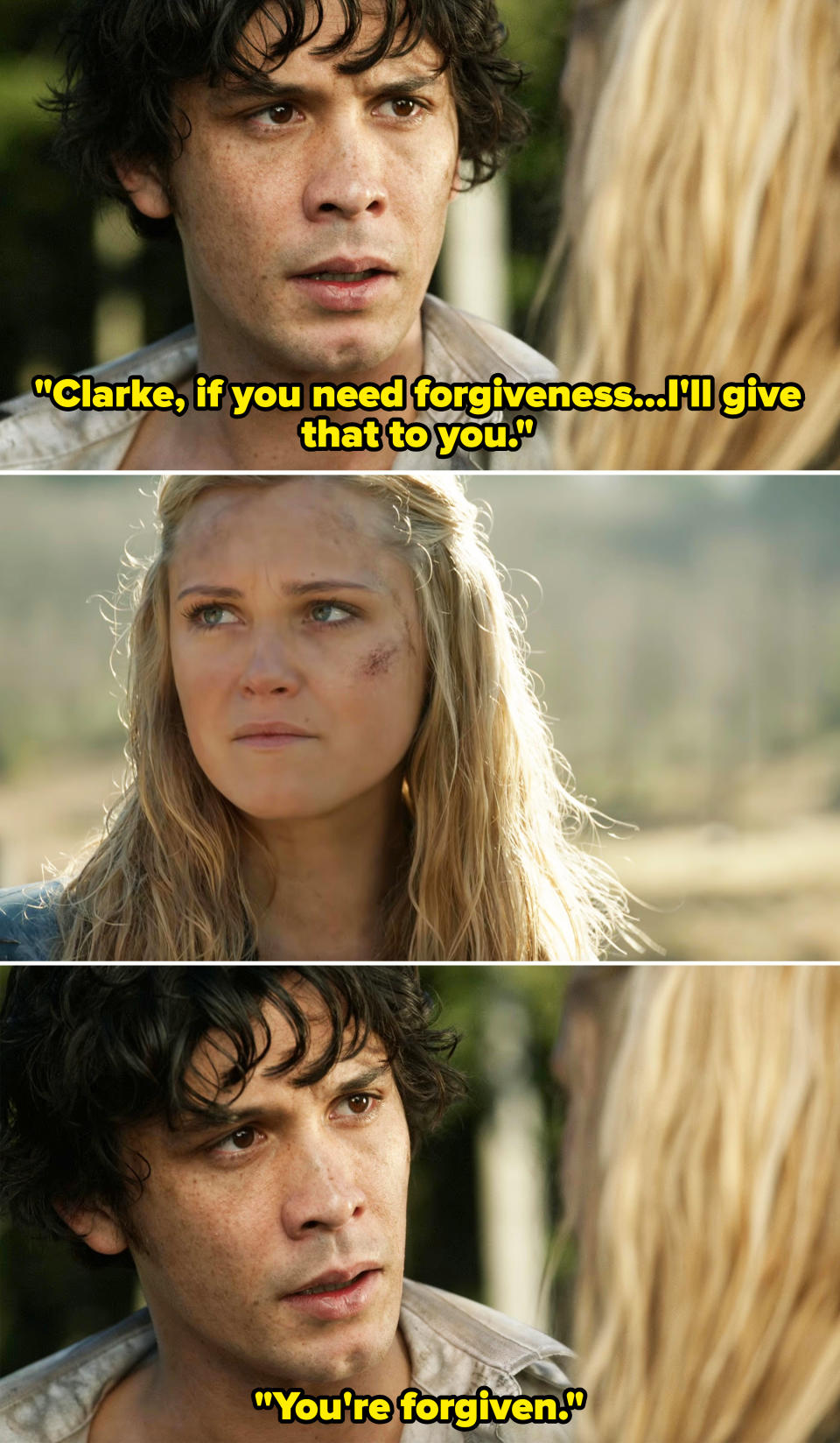 Bob Morley and Eliza Taylor, characters from "The 100," in a close-up scene with intense expressions, showing concern and emotion