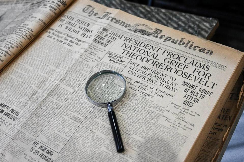 A 1919 bound volume of the Fresno Republican newspaper is displayed during a news conference to announce the purchase of the Fresno Republican Printery building, more recently known as the Downtown Club, by the Fresno County Historical Society on Thursday, Oct. 5, 2023.