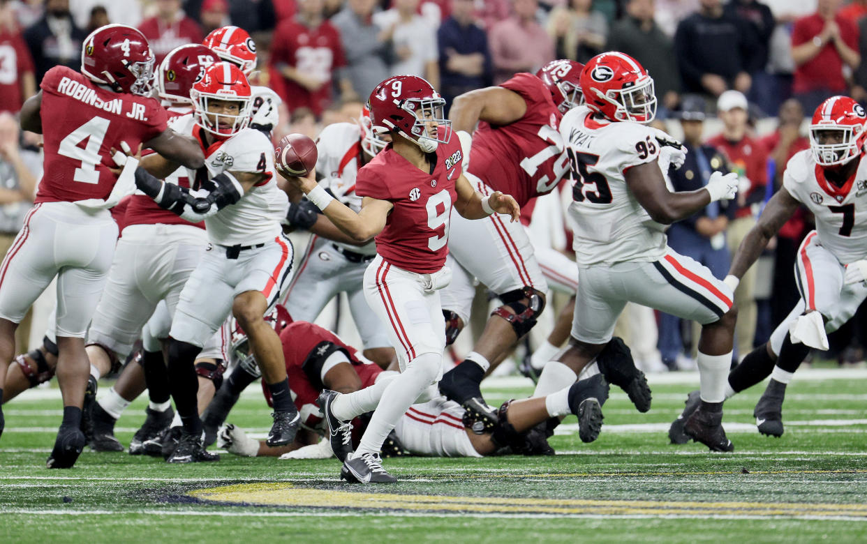 Alabama quarterback Bryce Young (9) won the Heisman Trophy in 2021, and he's looking to build on that success for a loaded Crimson Tide team. (Photo by Andy Lyons/Getty Images)