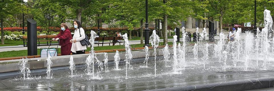 The fountain in the center of the Hancock-Adams Common in Quincy Square.