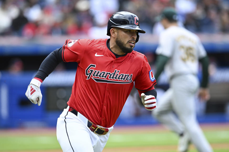 Cleveland Guardians' Gabriel Arias runs out an RBI single during the fourth inning of a baseball game against the Oakland Athletics, Sunday, April 21, 2024, in Cleveland. (AP Photo/Nick Cammett)