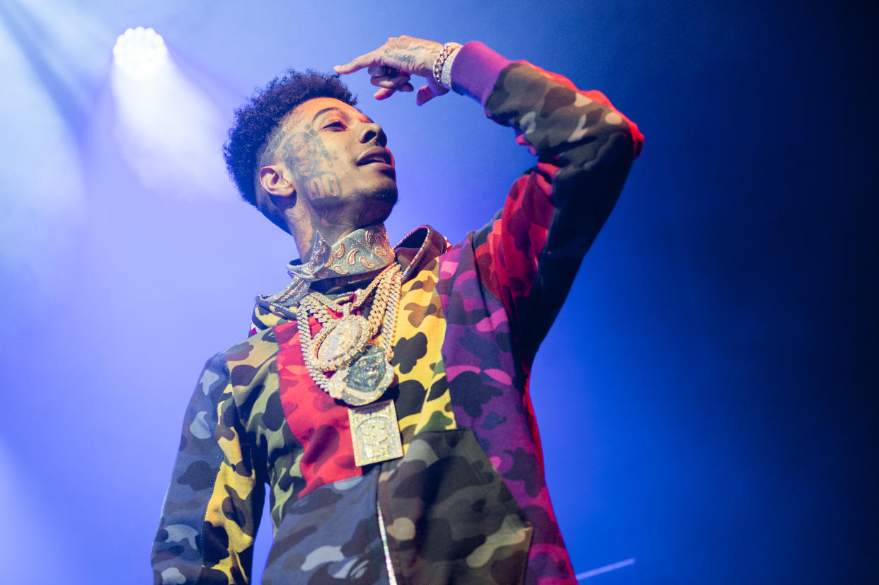LONDON, ENGLAND - NOVEMBER 20: Blueface performs at O2 Forum Kentish Town on November 20, 2019 in London, England. (Photo by Ollie Millington/Redferns)