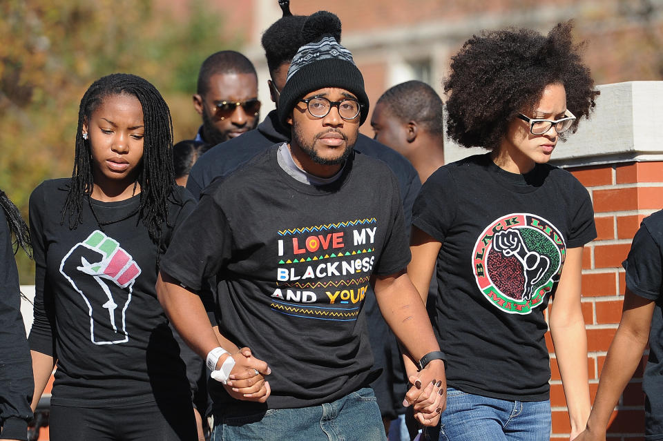 COLUMBIA, MO - NOVEMBER 9: Jonathan Butler, a University of Missouri grad student who did a 7 day hunger strike is greeted by the crowd of students on the campus of University of Missouri - Columbia on November 9, 2015 in Columbia, Missouri. Students celebrate the resignation of University of Missouri System President Tim Wolfe amid allegations of racism. (Photo by Michael B. Thomas/Getty Images)