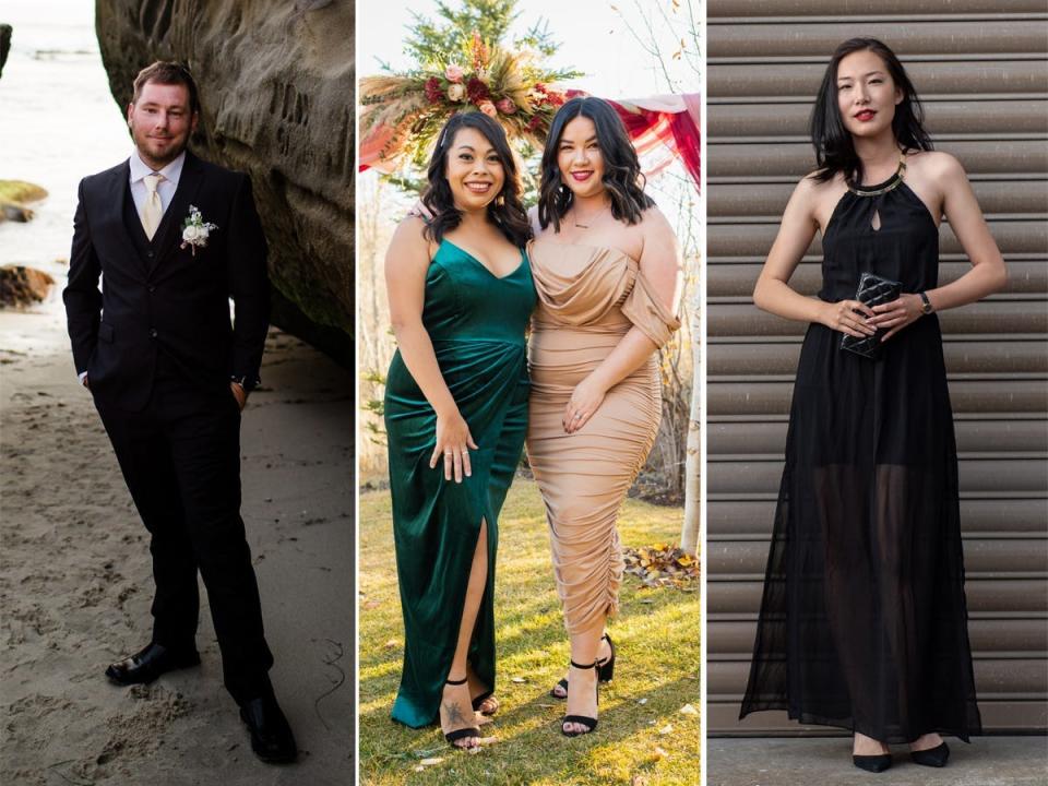 A side-by-side of three black-tie optional wedding outfits.