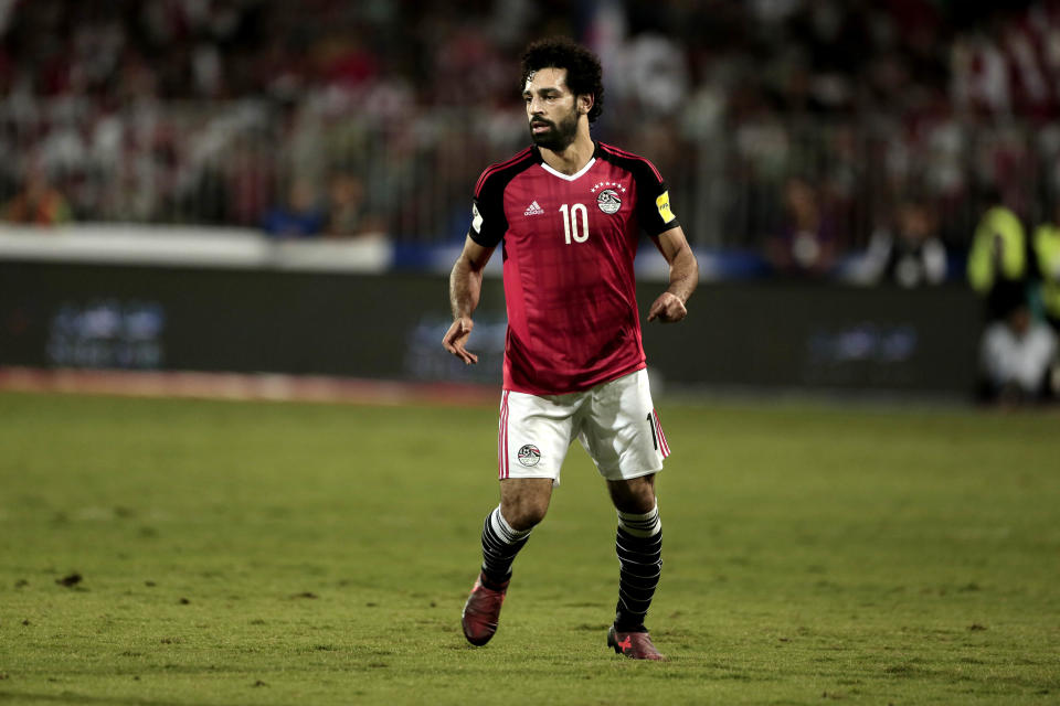 Egypt’s Mohamed Salah during the 2018 World Cup group E qualifying soccer match between Egypt and Congo at the Borg El Arab Stadium in Alexandria, Egypt, Sunday, Oct. 8, 2017. Egypt won 2-1. (AP Photo/Nariman El-Mofty)