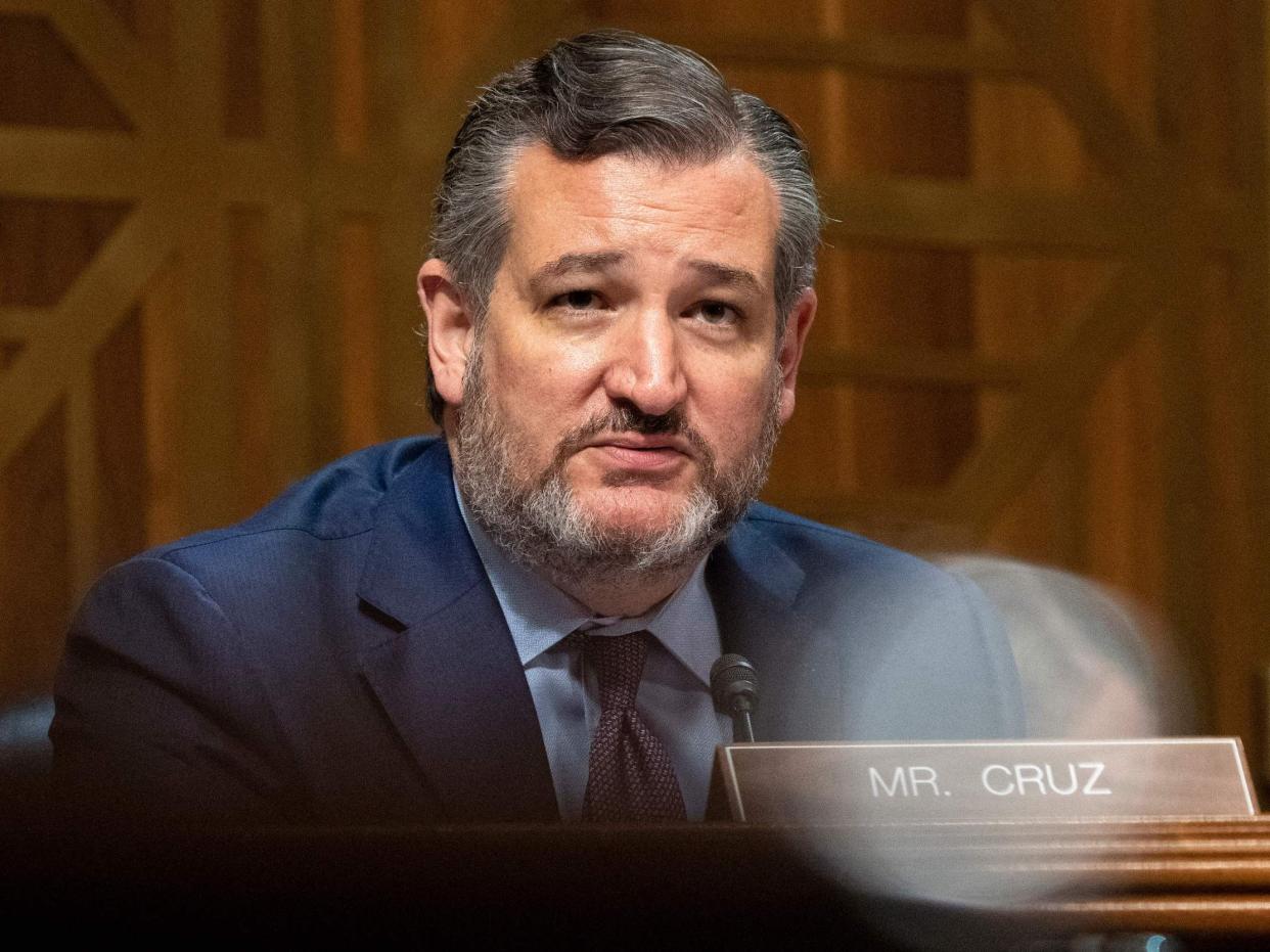 US Sen. Ted Cruz R-TX, asks questions to Mr. Steve Satterfield, Vice President, Privacy & Public Policy, Facebook, Inc. as he testifies during a Senate Judiciary Subcommittee on Competition Policy, Antitrust, and Consumer Rights, at the US Capitol in Washington, DC on September 21, 2021.