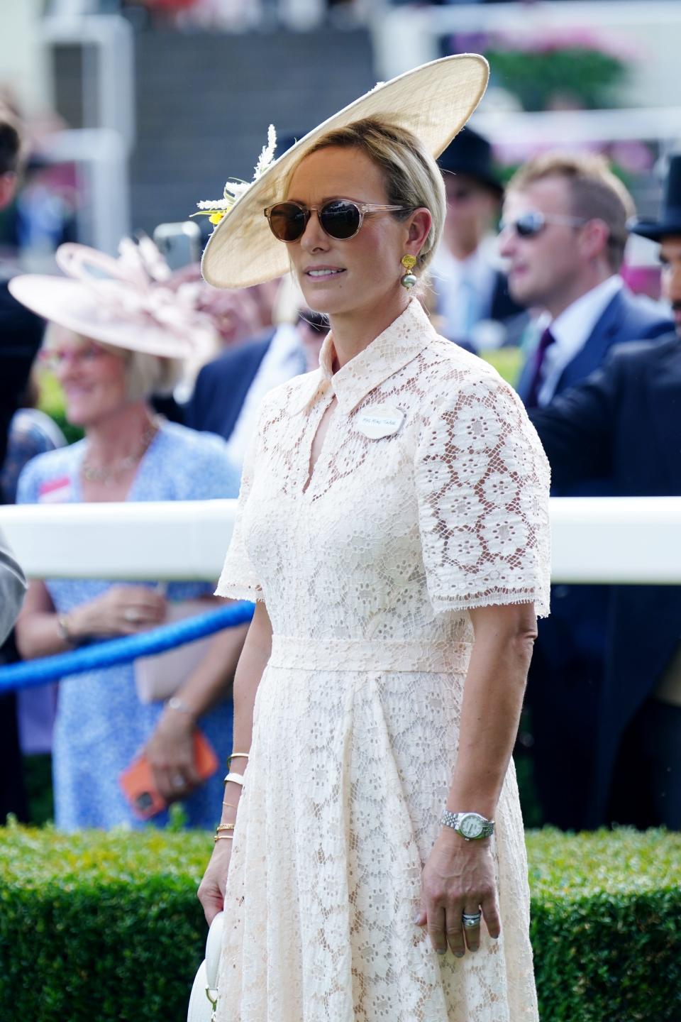 Zara Tindall during day three of Royal Ascot wearing a white lace dress