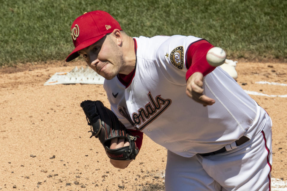 Washington Nationals starting pitcher Patrick Corbin throws during the third inning of a baseball game against the New York Yankees at Nationals Park, Sunday, July 26, 2020, in Washington. (AP Photo/Alex Brandon)