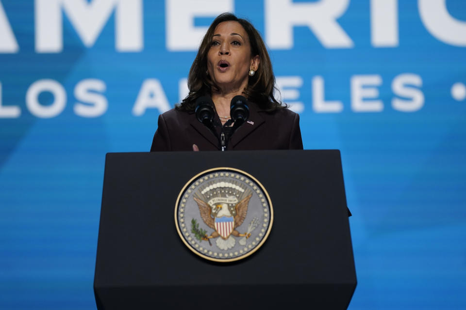 Vice President Kamala Harris speaks during the inaugural ceremony of the Summit of the Americas, Wednesday, June 8, 2022, in Los Angeles. (AP Photo/Evan Vucci)