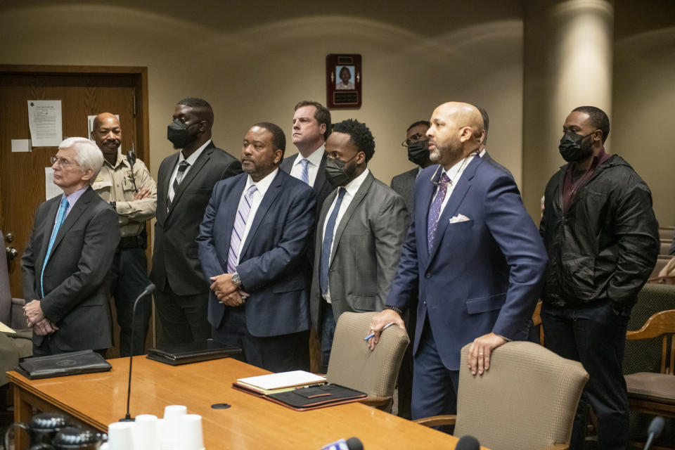 The former Memphis police officers accused of murder in the death of Tyre Nichols appear with their attorneys at an indictment hearing at the Shelby County Criminal Justice Center Friday, Feb. 17, 2023, in Memphis, Tenn. The former police officers pleaded not guilty to second-degree murder and other charges in the violent arrest and death of Nichols, (AP Photo/Brandon Dill)