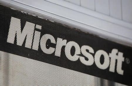 The Microsoft logo is pictured at a service centre in New Delhi, India, April 5, 2018. Picture taken April 5, 2018. REUTERS/Saumya Khandelwal