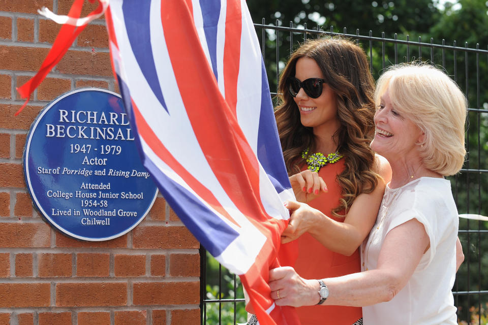 Kate Beckinsale, with her mother Judy Lo during a visit to College House Junior School to unveil a plaque in memory of her late father, Richard Beckinsale, who was a pupil at the school.