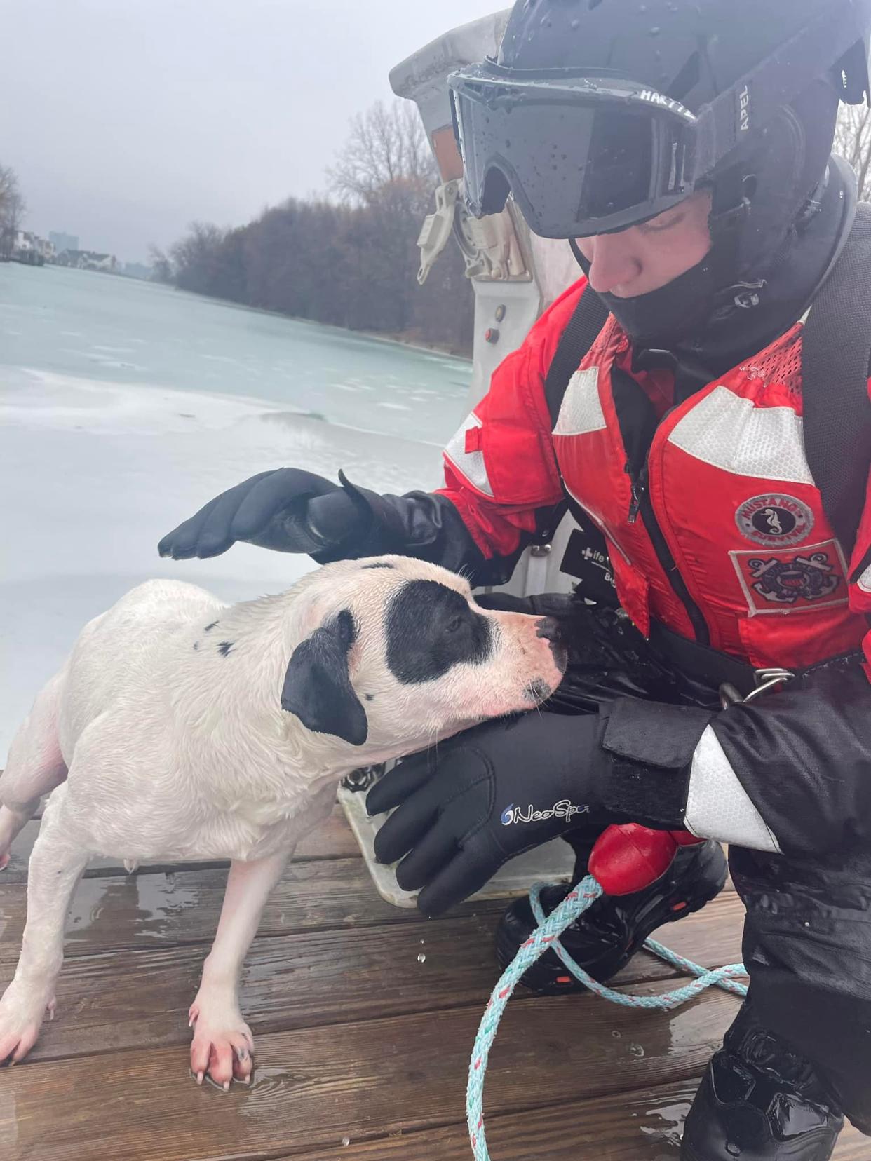 A five-member Coast Guard team successfully rescued a stranded dog caught in the icy Detroit River near Belle Isle on the afternoon of Saturday, Dec. 31, 2022.