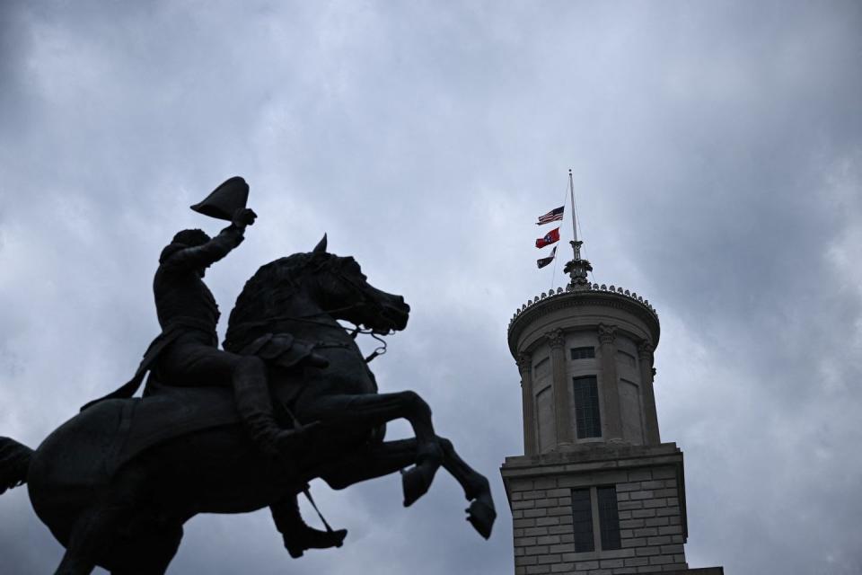 us flag flies at half mast on top of the tennessee state capitol in nashville, tennessee on march 28, 2023, following a school shooting, where three students and three staff members were killed on march 27 a heavily armed former student killed three young children and three staff in what appeared to be a carefully planned attack at a private elementary school in nashville on march 27, before being shot dead by policechief of police john drake named the suspect as audrey hale, 28, who the officer later said identified as transgender photo by brendan smialowski afp photo by brendan smialowskiafp via getty images