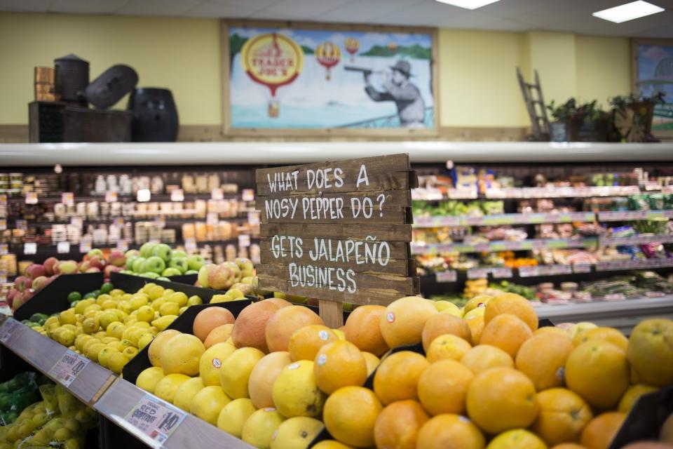 <p>Each store has its own staff creating signs so you might get funny dad jokes or cool art. And during the midst of the coronavirus pandemic, one deaf staff member and his store location found creative ways to communicate with customers who were wearing masks that <a href="https://www.womansday.com/life/a32497471/trader-joes-employee-deaf-communicating-with-face-masks/" rel="nofollow noopener" target="_blank" data-ylk="slk:he could read lips and sign;elm:context_link;itc:0;sec:content-canvas" class="link ">he could read lips and sign</a>. </p>