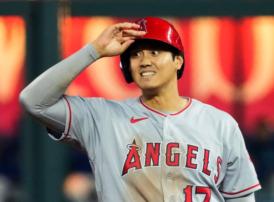 Los Angeles Angels designated hitter Shohei Ohtani (17) reacts after hitting a double against the Kansas City Royals during the ninth inning at Kauffman Stadium.