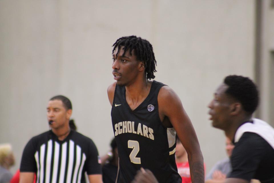 Aaron Bradshaw of the NJ Scholars looks up the court during an AAU basketball game on Sunday, May 29, 2022, at the Kentucky Exposition Center in Louisville, Ky. Bradshaw is one of the top recruits in the 2023 class and has scholarship offers from both Louisville and Kentucky.